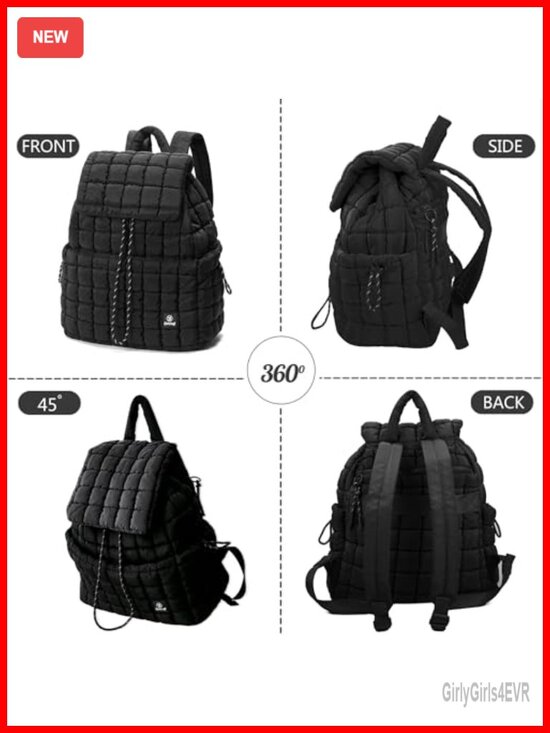 Quilted Lightweight Nylon Backpack with Drawstring and Snap Closure main image 4